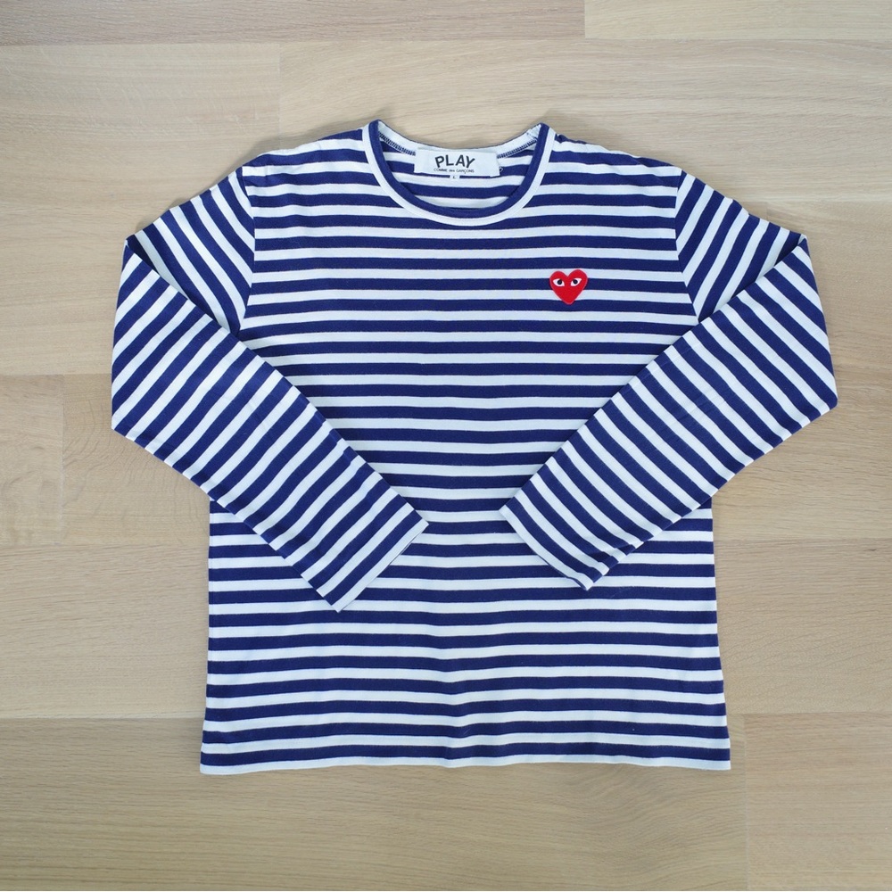 Comme des Garçons Play Large Heart-Patch Striped T-Shirt - White & Blue